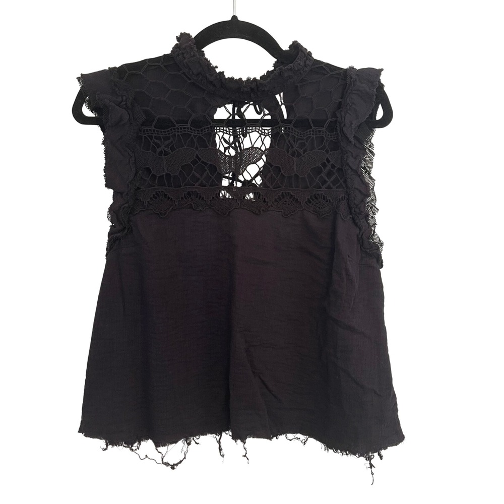 Free People Black Crochet Lace Gauze Sleeveless Top Ruffle High Neck Open Back